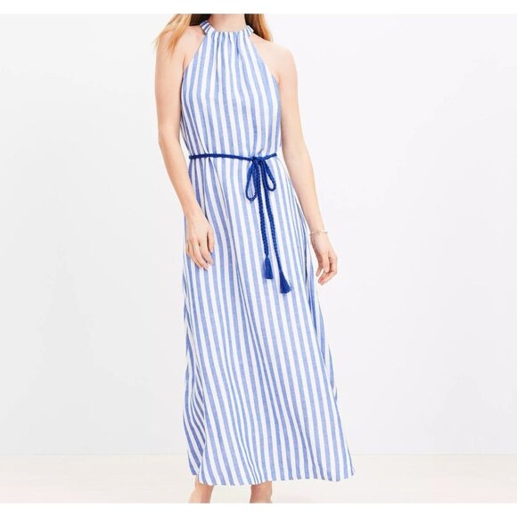 Loft Striped Linen Blend Belted Halter Maxi Dress Women 16 Blue White Nautical - Picture 1 of 12
